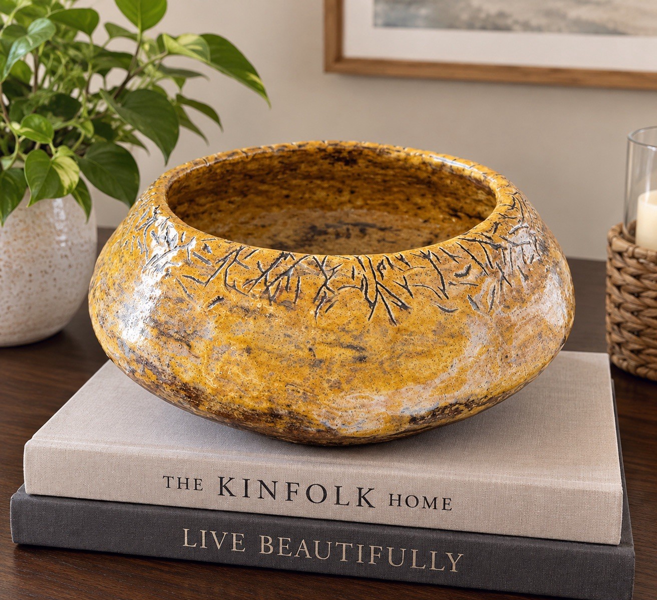 Mid-Century Modern Brutalist Stoneware Centerpiece Bowl – Signed Van Weiher