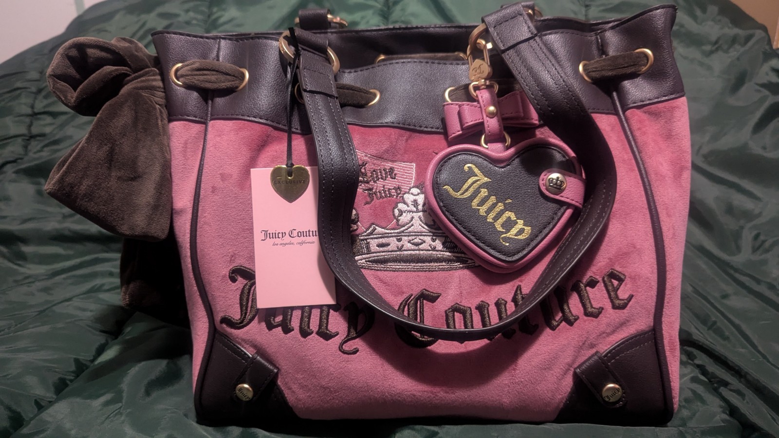Juicy Couture Chateau Rose Crown Velour Tote w Brown Bow Heart Charm Mirror NWT Juicy Couture Chateau Rose Crown Velour Tote w Brown Bow Heart Charm Mirror NWT