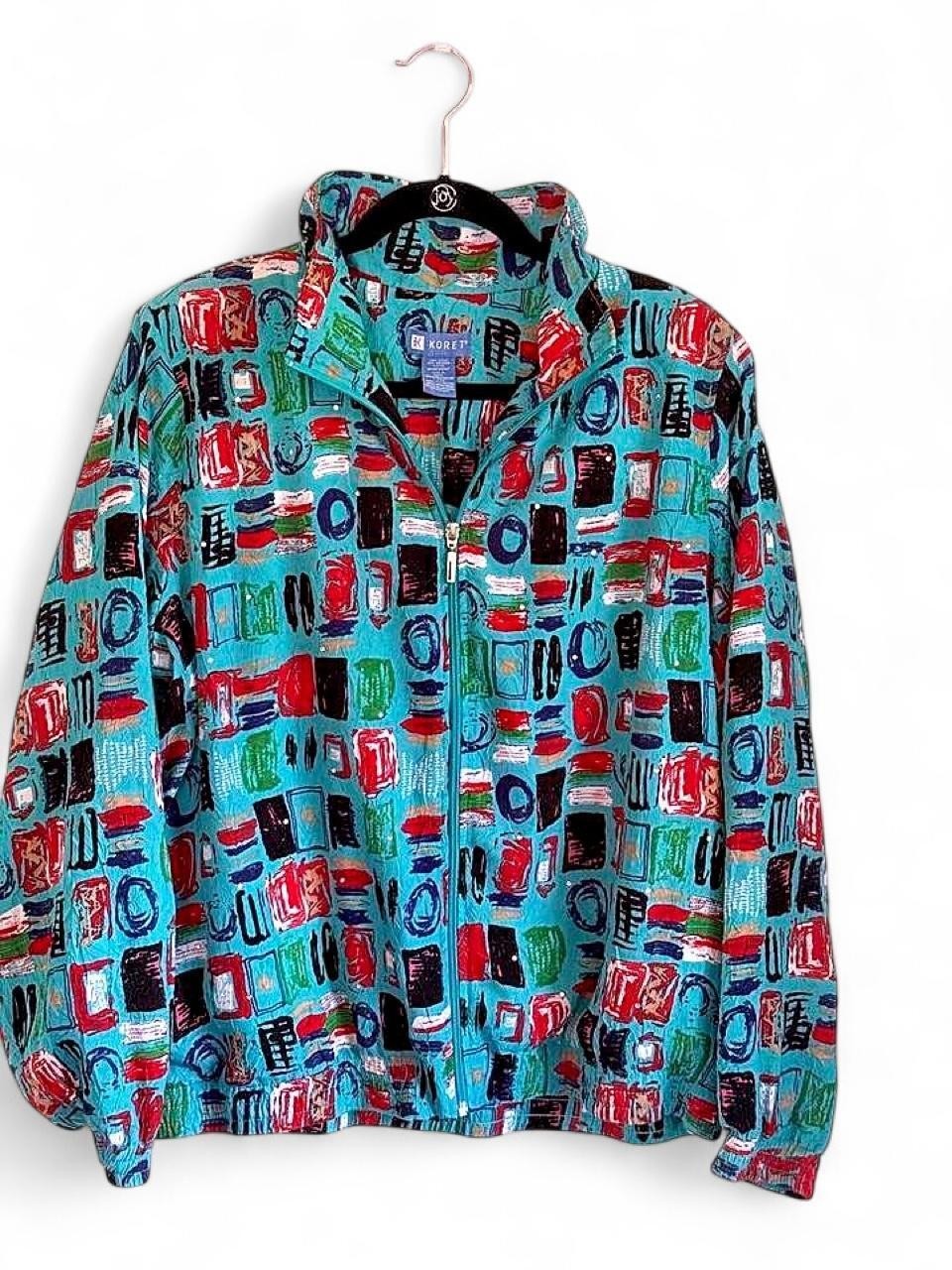 Vintage Koret Womens L Teal Abstract Print Jacket 80s 90s Shoulder Pads Vintage Koret Womens L Teal Abstract Print Jacket 80s 90s Shoulder Pads