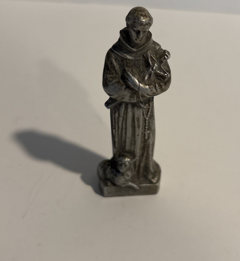 Vintage Saint Paschal Baylón Pewter Mini Statue Figure Made In Germany With Lamb Vintage Saint Paschal Baylón Pewter Mini Statue Figure Made In Germany With Lamb