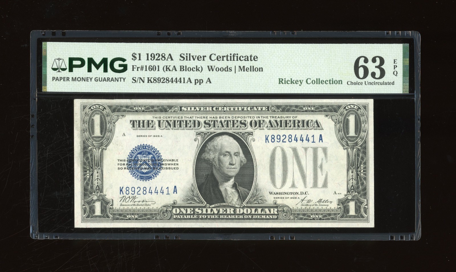 DBR 1928-A $1 Silver Fr. 1601 KA Block PMG 63 EPQ Serial K89284441A
