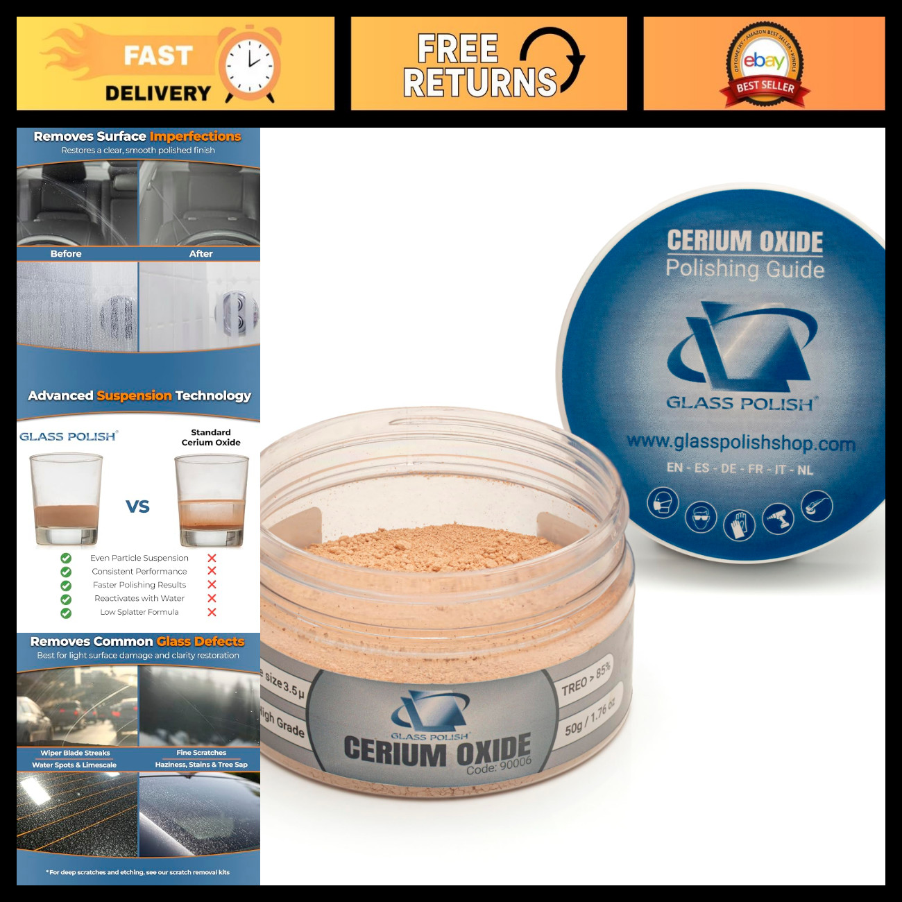 High-Grade Cerium Oxide Glass Polishing Powder 1.76oz - Scratch Removal & Restor