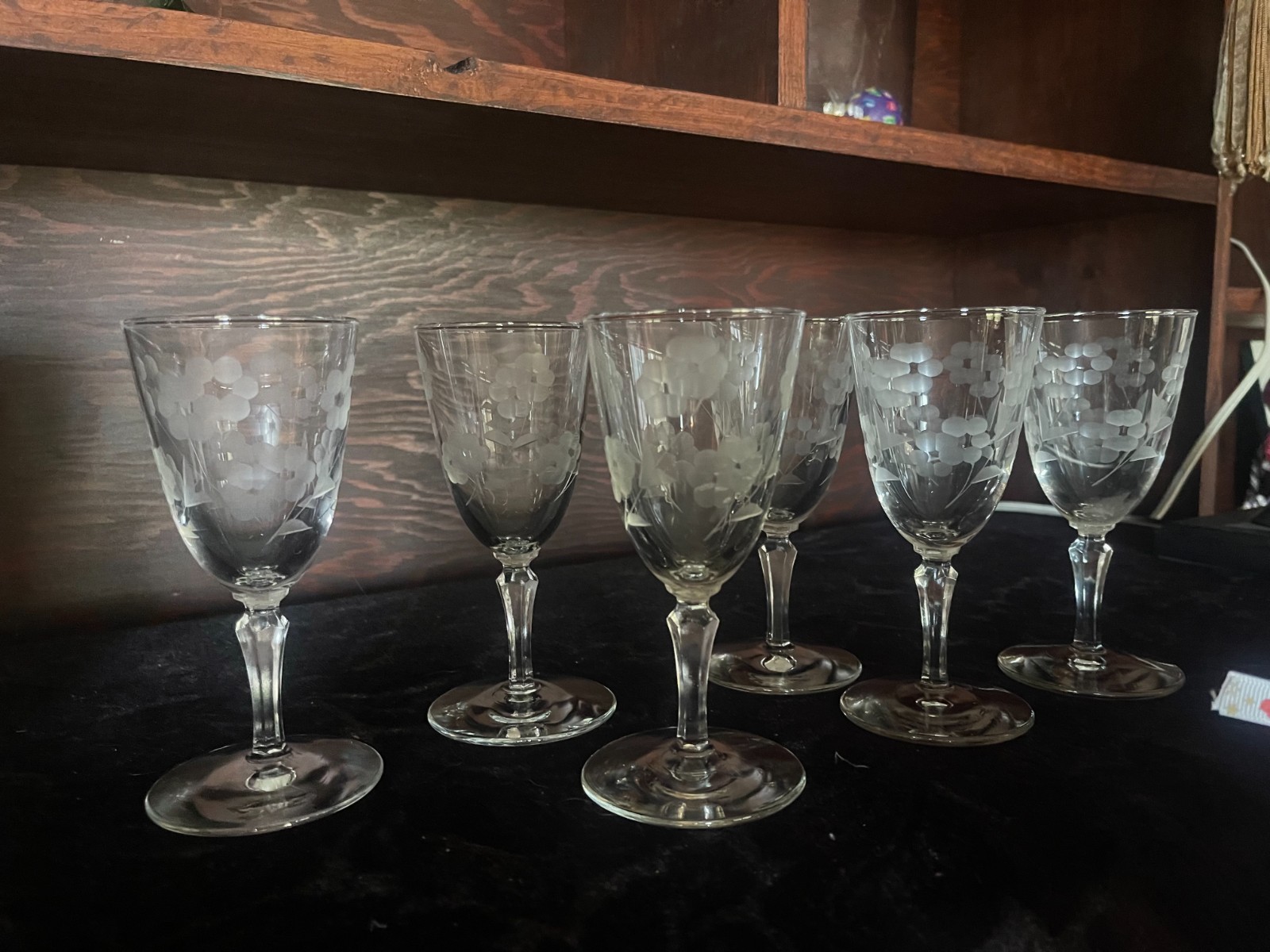 Vtg 50s Libbey Glenmore Etched Floral Wine Glasses Set Of 6 Stemware 5 3/4\