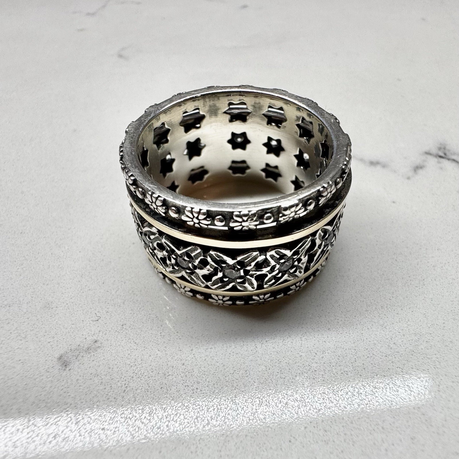 PZ Israel 925 Sterling 14K 585 Gold Floral Star CZ Spinner Fidget Ring Size 11