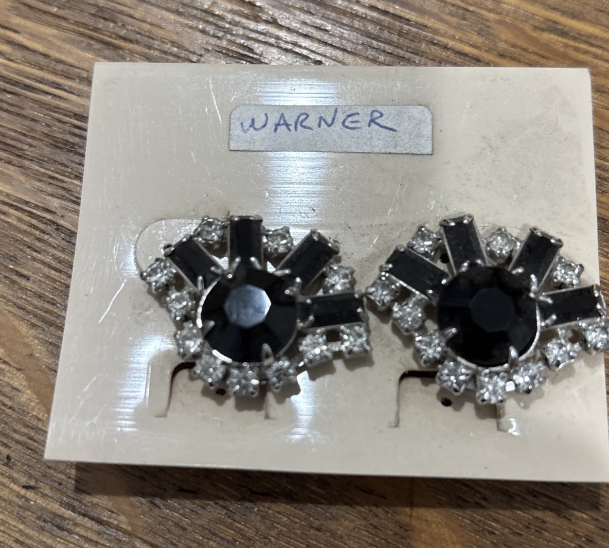 Vintage Warner Clip Earrings Black Clear Rhinestone Vintage Warner Clip Earrings Black Clear Rhinestone