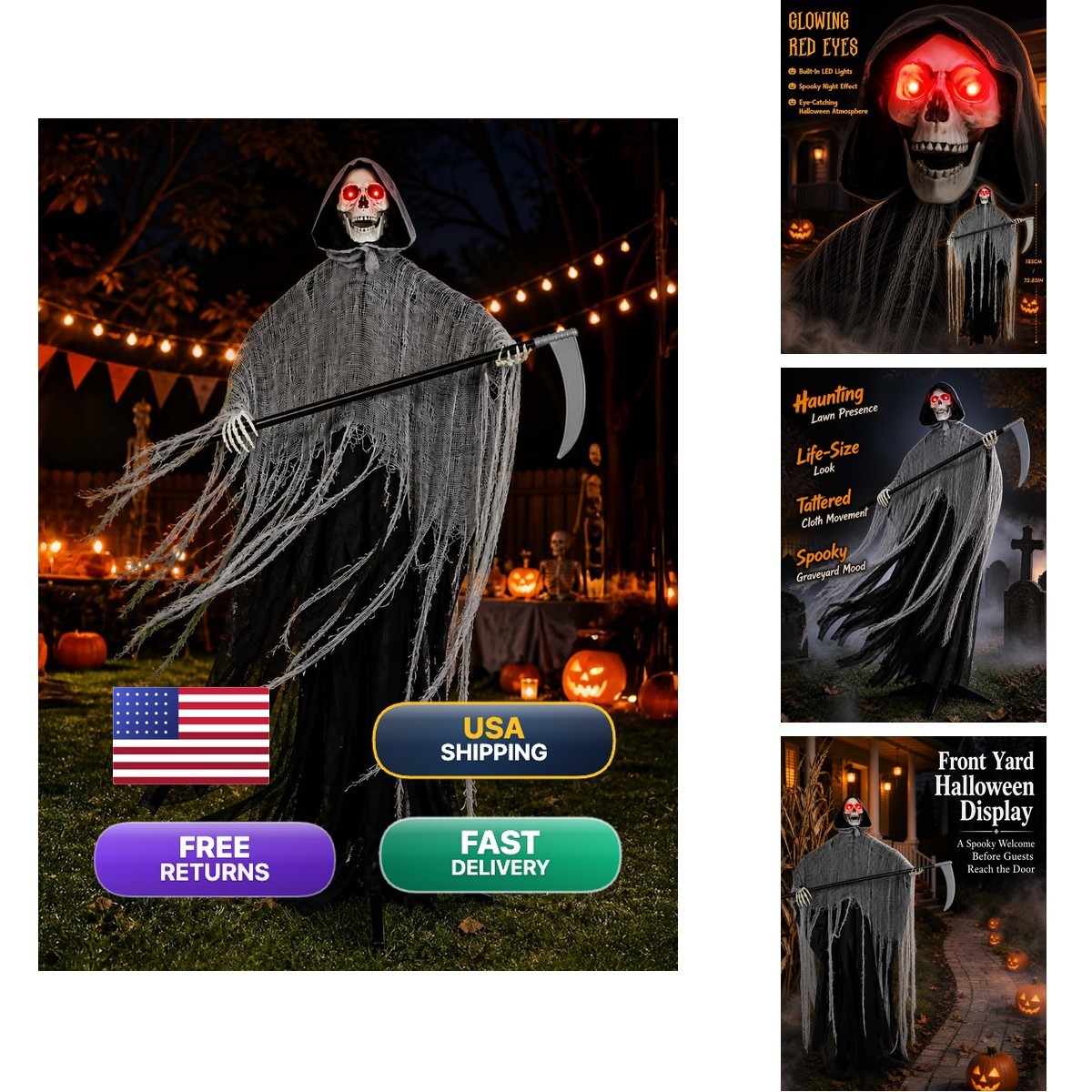 HOMELEX 185cm/72.83in Grim Reaper Halloween Yard Stake Red Eyes And Scythe