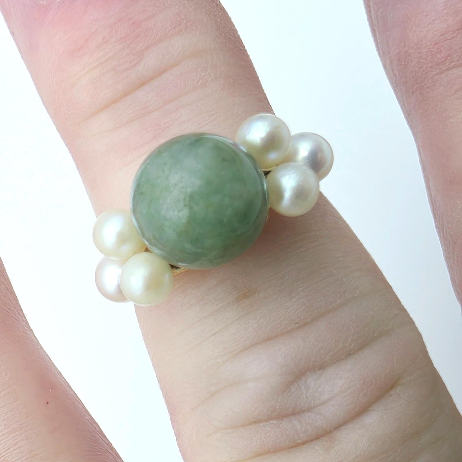Ming\'s of Honolulu Hawaii 14K Jade & Cultured Pearl Ring sz 6&1/2 Ming\'s of Honolulu Hawaii 14K Jade & Cultured Pearl Ring sz 6&1/2