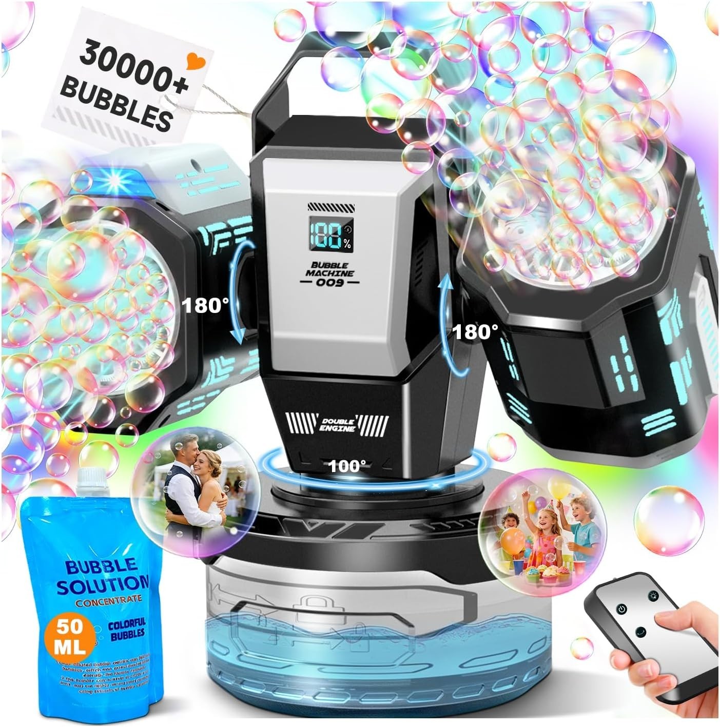 Rechargeable Bubble Machine with RGB Lights: 30,000 Bubbles Storm, Auto 360° Rot Rechargeable Bubble Machine with RGB Lights: 30,000 Bubbles Storm, Auto 360° Rot