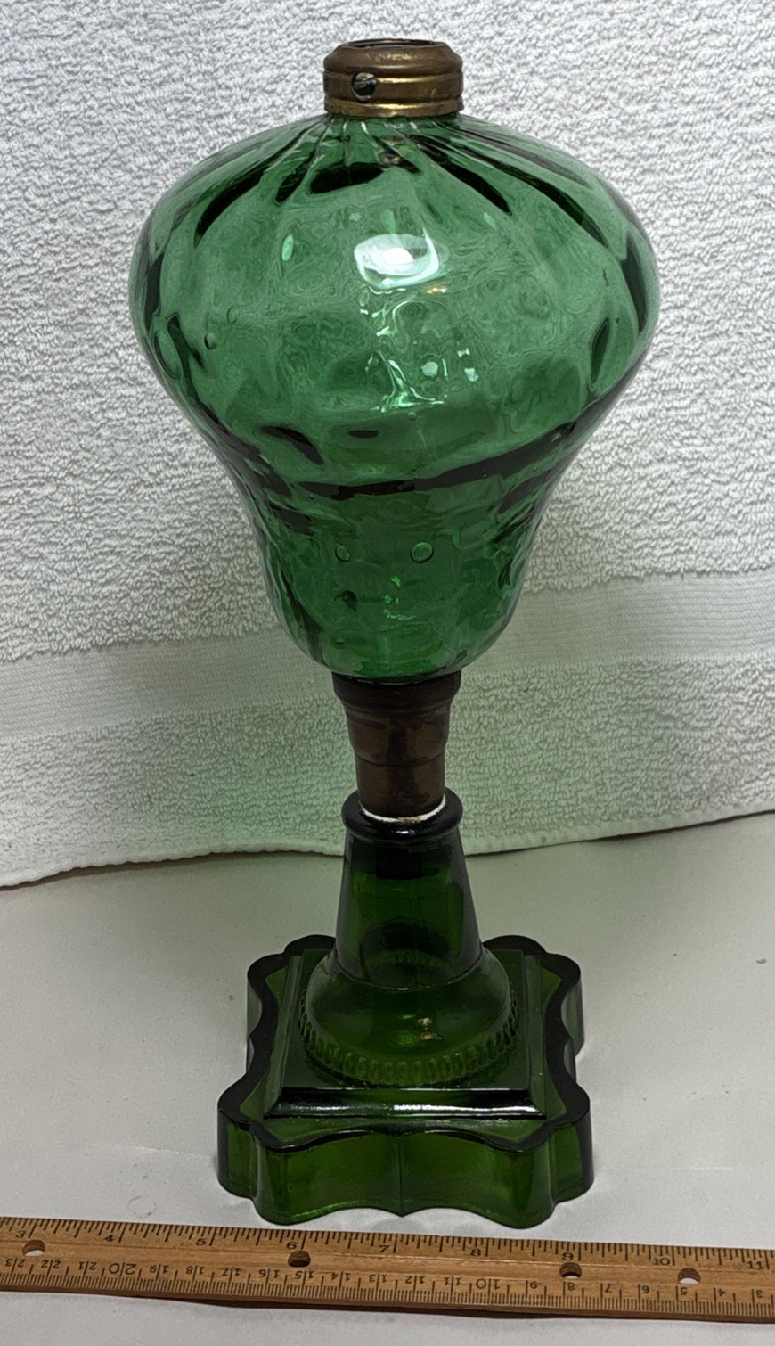 Antique Sandwich Glass Blown Teal Optic Font W Olive Baroque Base Oil Lamp Antique Sandwich Glass Blown Teal Optic Font W Olive Baroque Base Oil Lamp