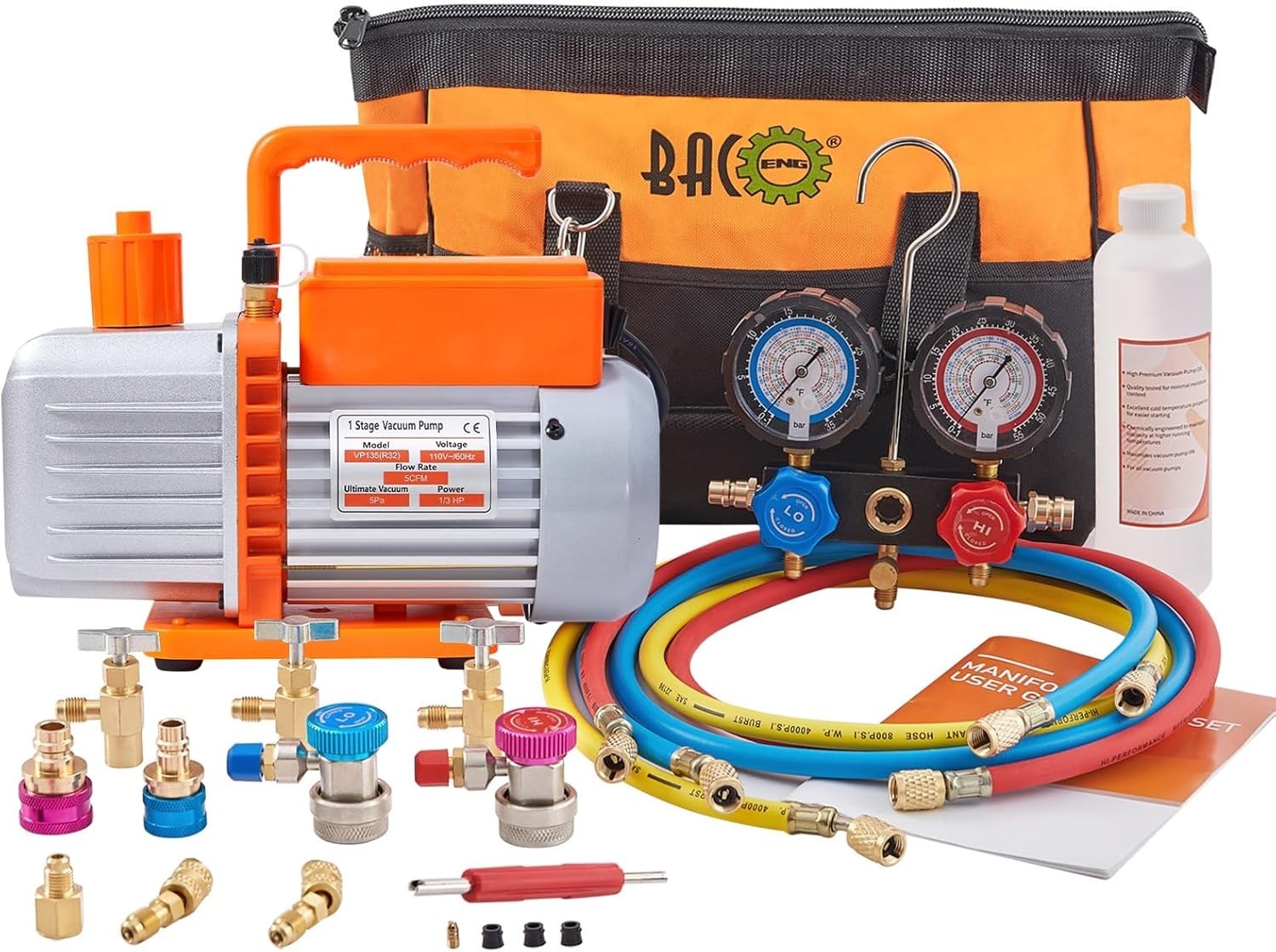 R32 AC Vacuum Pump and Gauge Set, 4 CFM HVAC Vacuum Pump Kit for Mini Split