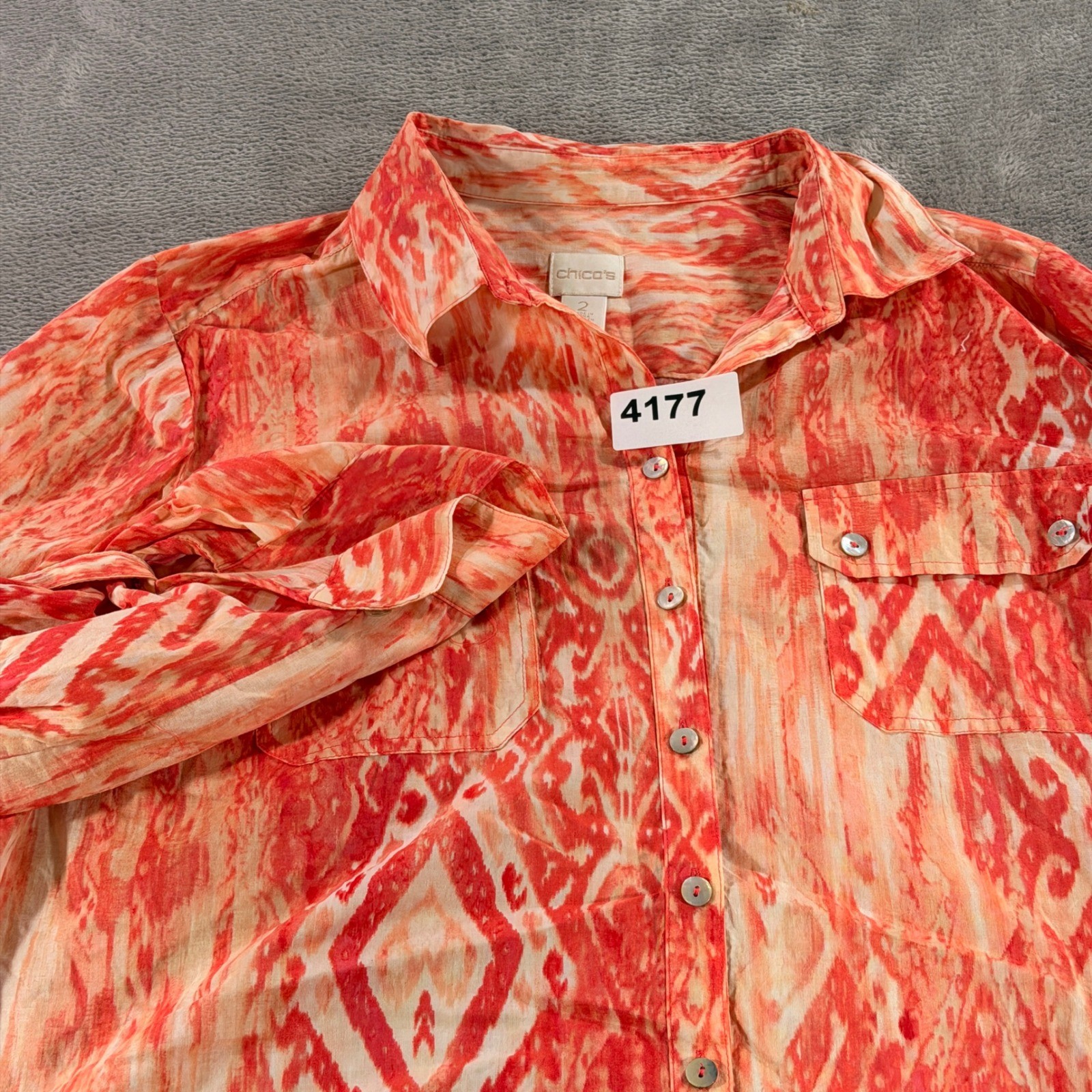Chico\'s Button Down Shirt Women 2 Orange Ikat Tie Front Cotton Blouse 570130088