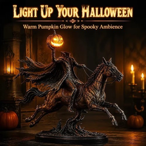 25cm Lighted Headless Horseman Statue Pumpkin Head Halloween Gothic Decor** 25cm Lighted Headless Horseman Statue Pumpkin Head Halloween Gothic Decor**