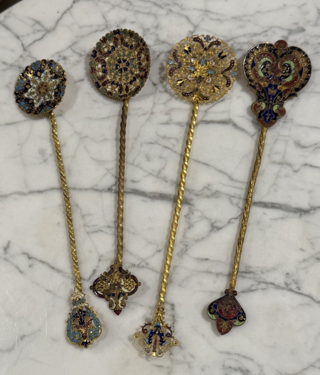 Set Of 4 Antique Gilt Metal & Cloisonné French Champlaye Enamel Spoons Set Of 4 Antique Gilt Metal & Cloisonné French Champlaye Enamel Spoons