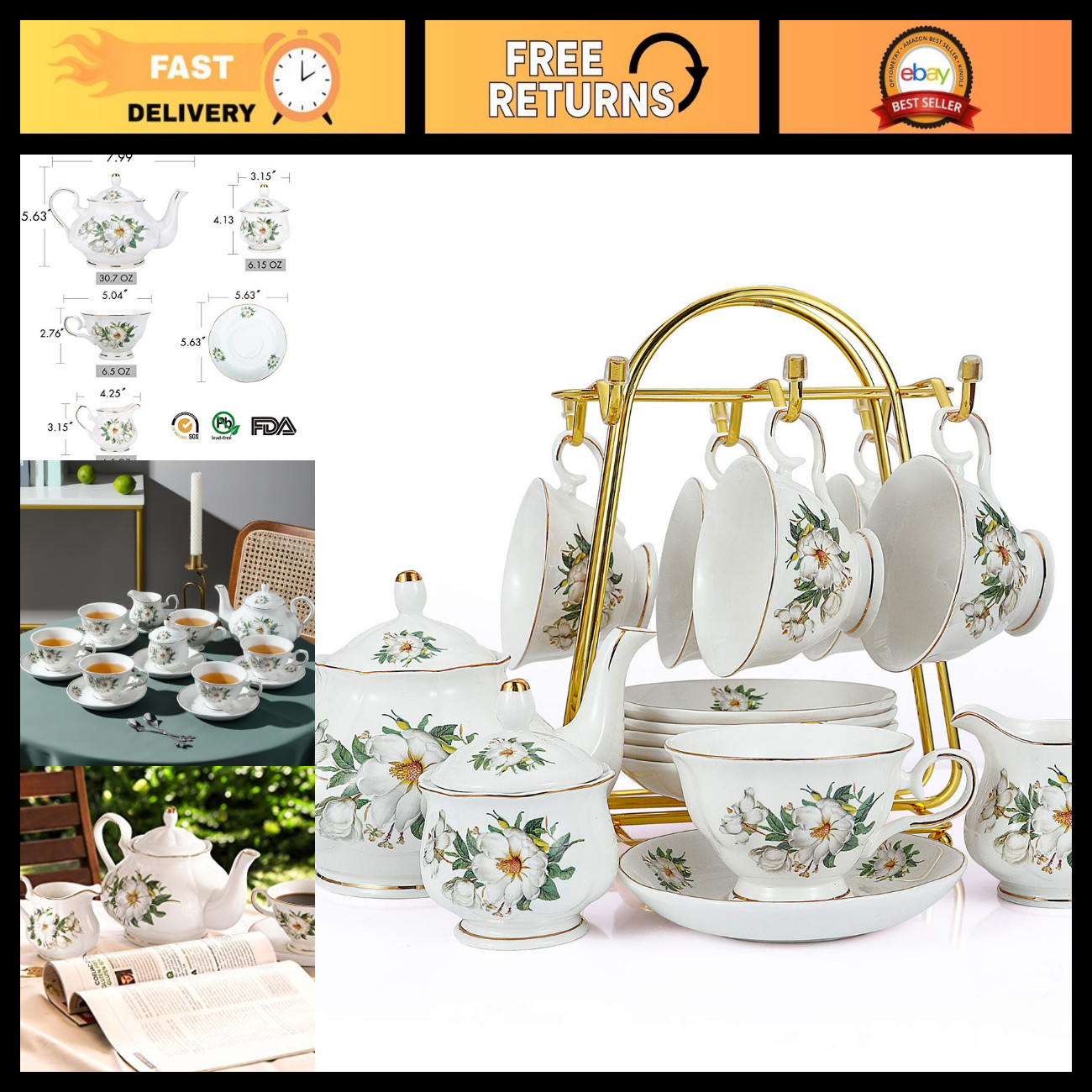 Elegant 22-Piece Porcelain Tea Cup Set - Ceramic Coffee & Tea Service Set