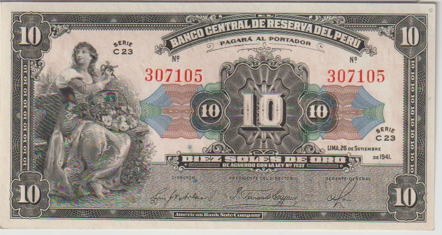 Peru 10 Soles de Oro 1941 Uncirculated Grade P#67 Scarce