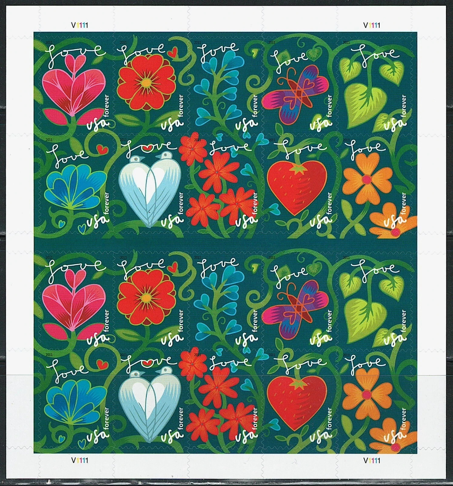 Mint US Garden of Love Pane of 100 Forever Stamps Scott# 4531-4540 (MNH)