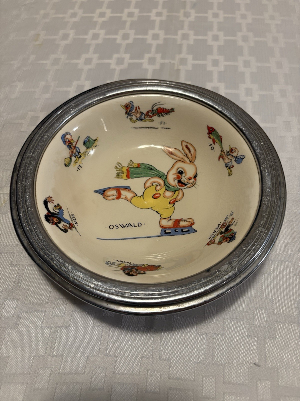 Vintage Oswald the Lucky Rabbit Ceramic Bowl with Pewter Rim Walter Lantz Vintage Oswald the Lucky Rabbit Ceramic Bowl with Pewter Rim Walter Lantz
