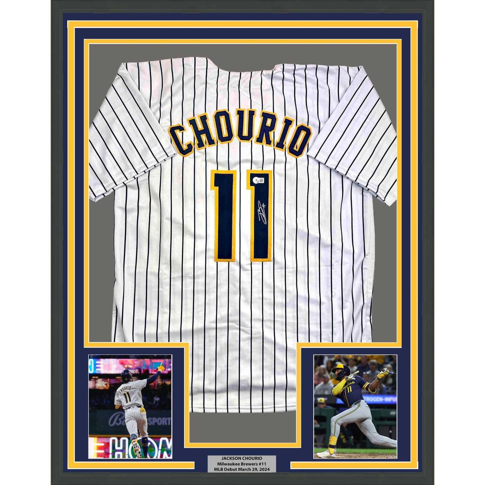 Framed Autographed/Signed Jackson Chourio 35x39 Milwaukee Pin Jersey COA Framed Autographed/Signed Jackson Chourio 35x39 Milwaukee Pin Jersey COA