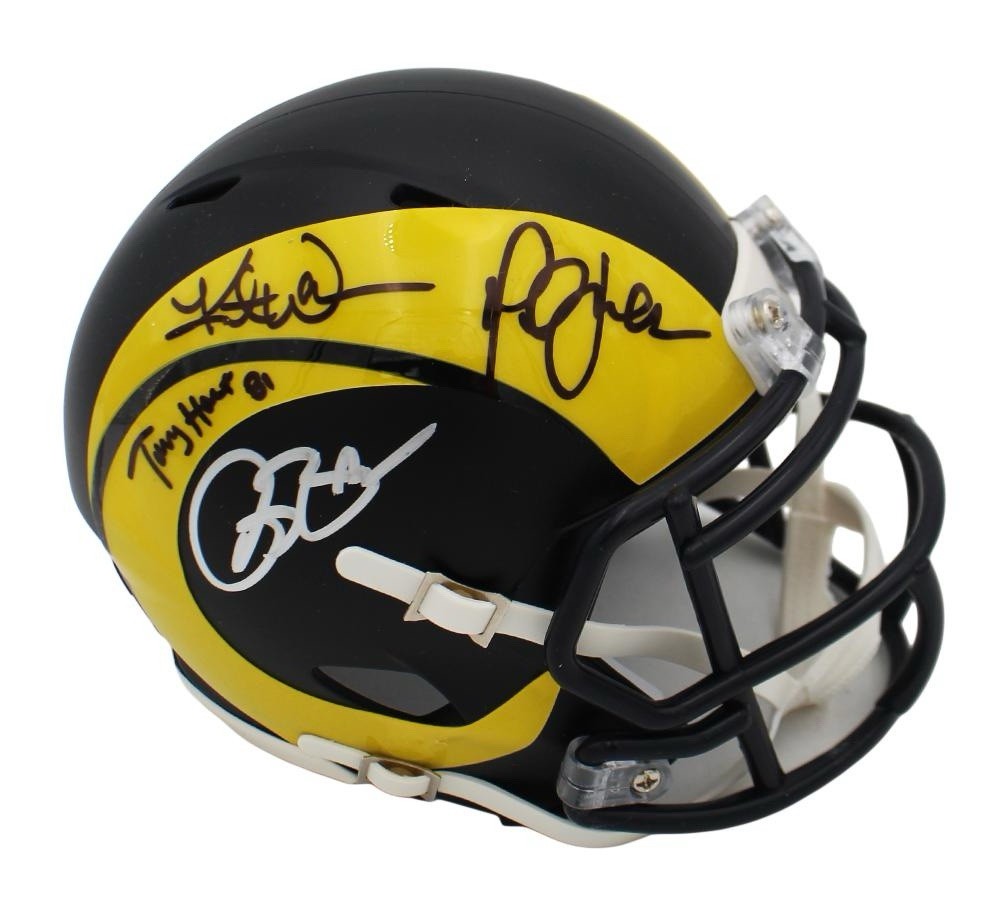 Kurt Warner Marshall Faulk I Bruce T Holt Signed Mini Helmet Beckett BAS COA Kurt Warner Marshall Faulk I Bruce T Holt Signed Mini Helmet Beckett BAS COA