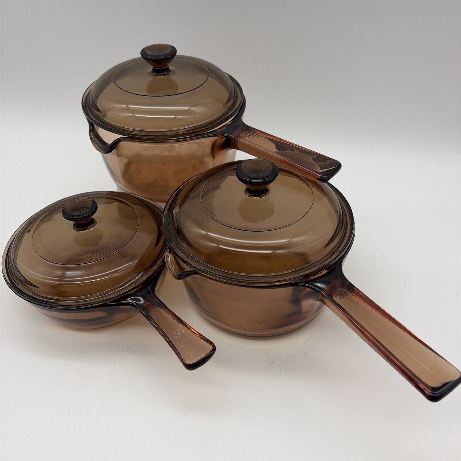 CorningWare Visions Pryex Brown Glass Saucepan Set w/ Lids, 6-Piece, USA CorningWare Visions Pryex Brown Glass Saucepan Set w/ Lids, 6-Piece, USA