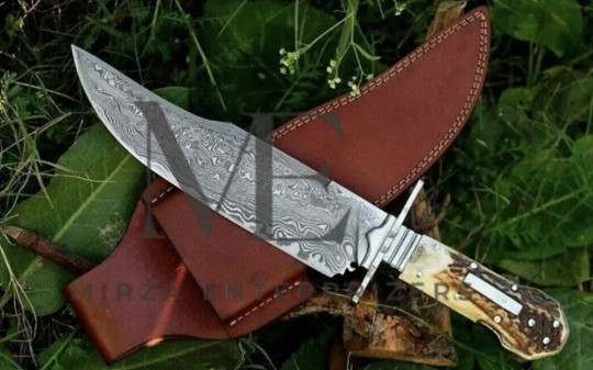 CUSTOM HANDMADE DAMASCUS STEEL HUNTING BOWIE KNIFE STAG HORN HANDLE|USA TAX PAID