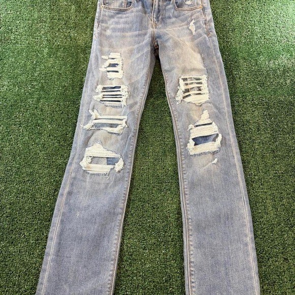 Express Stretch+ Performance cropped skinny jeans in a medium wash blue,