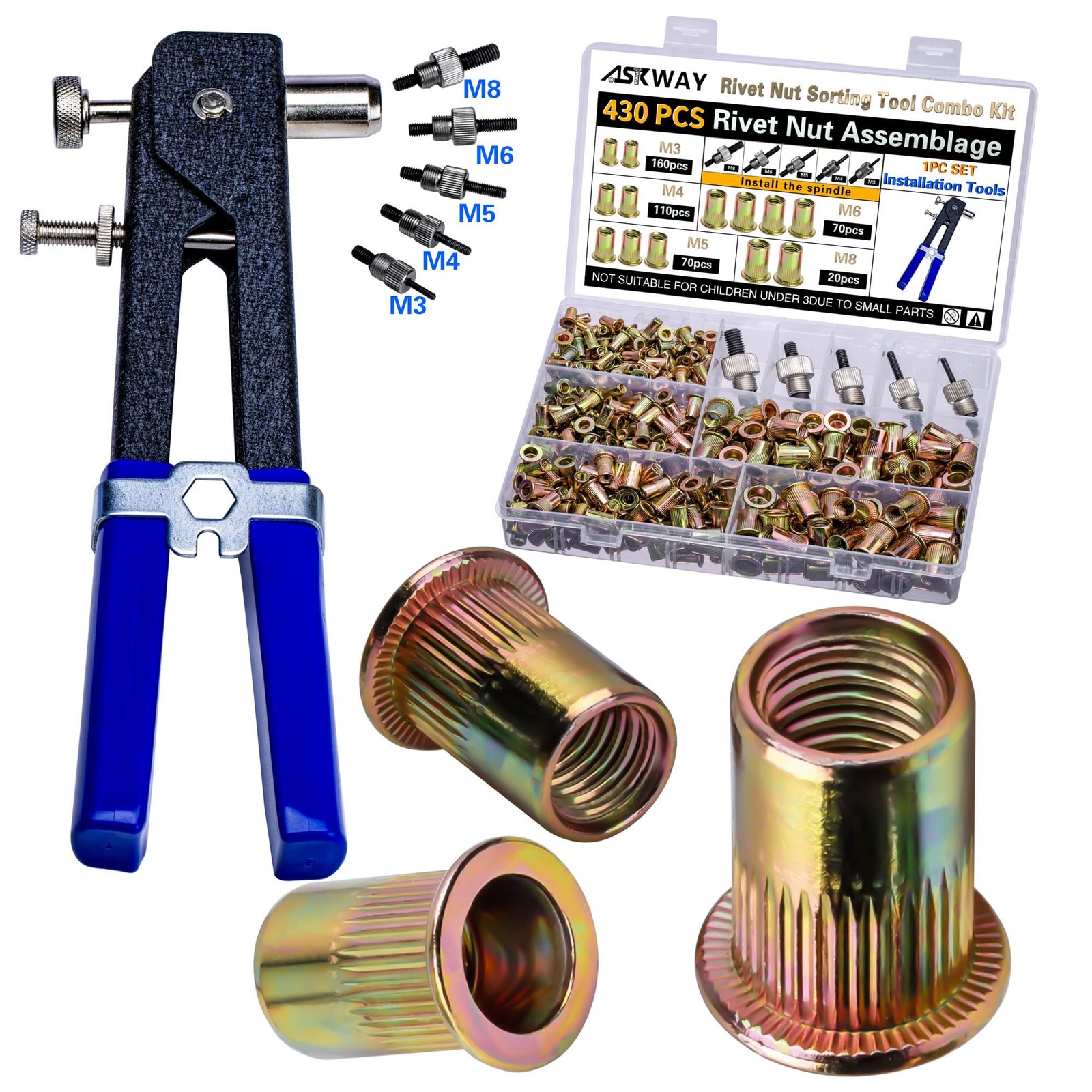 Pressure Rivet Nut Tool Kit, 430Pcs Metric Rivet Nut Combination