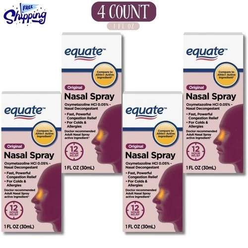 (4 pack) Equate Original 12 Hour Nasal Spray, Max Strength, 1 Fluid Ounce