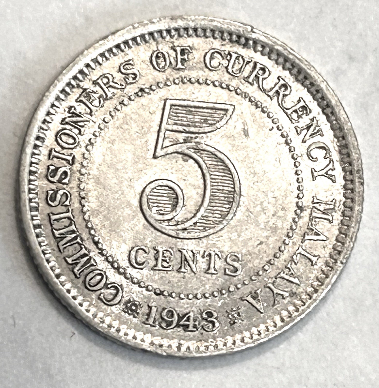 1943 British Malaya silver 5 cents, Royal Mint, George VI