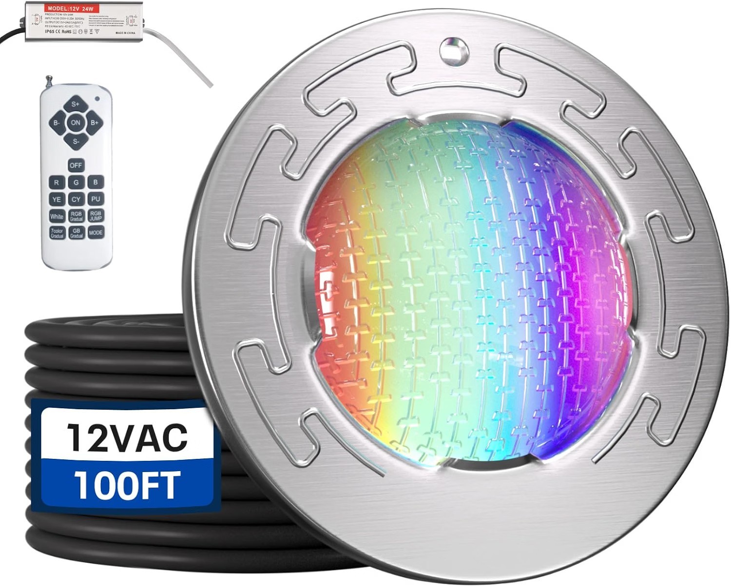 POOLPURE 6 Inch RGBW LED Pool Light Replacement 12V 100 ft cord