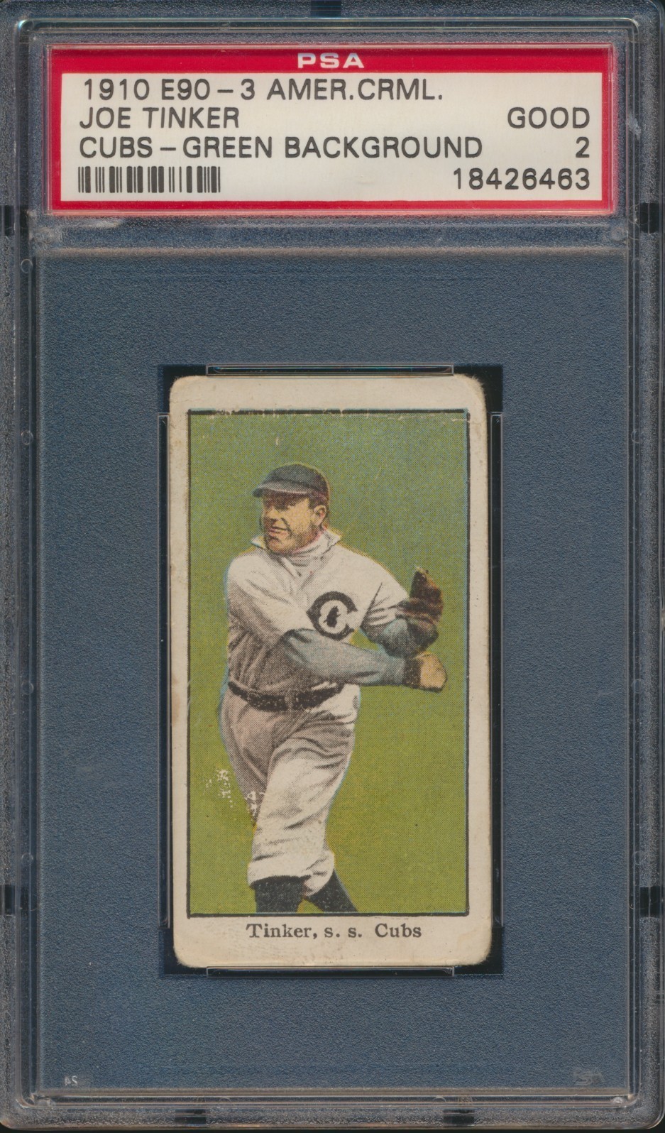 1910 AMERICAN CARAMEL E90-3 JOE TINKER CUBS GREEN BACKGROUND PSA 2 GOOD HOF 1910 AMERICAN CARAMEL E90-3 JOE TINKER CUBS GREEN BACKGROUND PSA 2 GOOD HOF