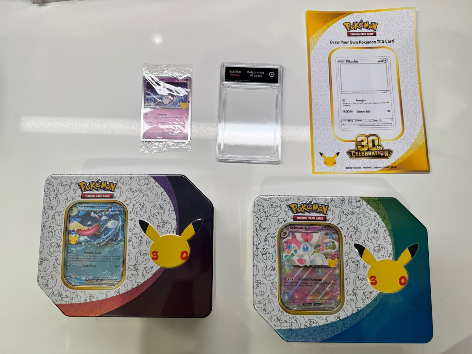 Pokemon 30th Celebrations Tins (2) & Mewtwo Promo 063/128 + Target Card Case