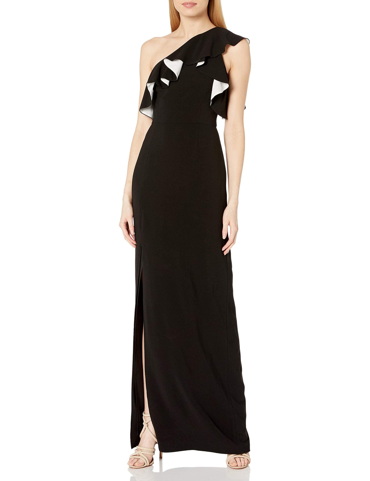 Halston Heritage Women\'s A-Line Flounce Crepe Gown, Black/Chalk, 12