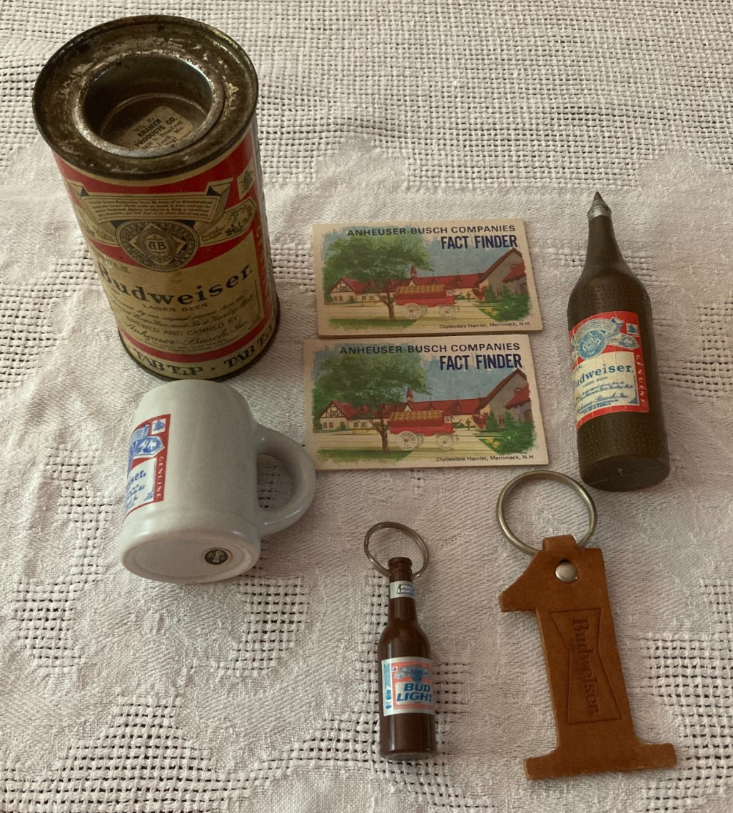 Vintage Budweiser Beer Promotional Items - Pen Keychain Tab Top Can Mug Lot of 6 Vintage Budweiser Beer Promotional Items - Pen Keychain Tab Top Can Mug Lot of 6