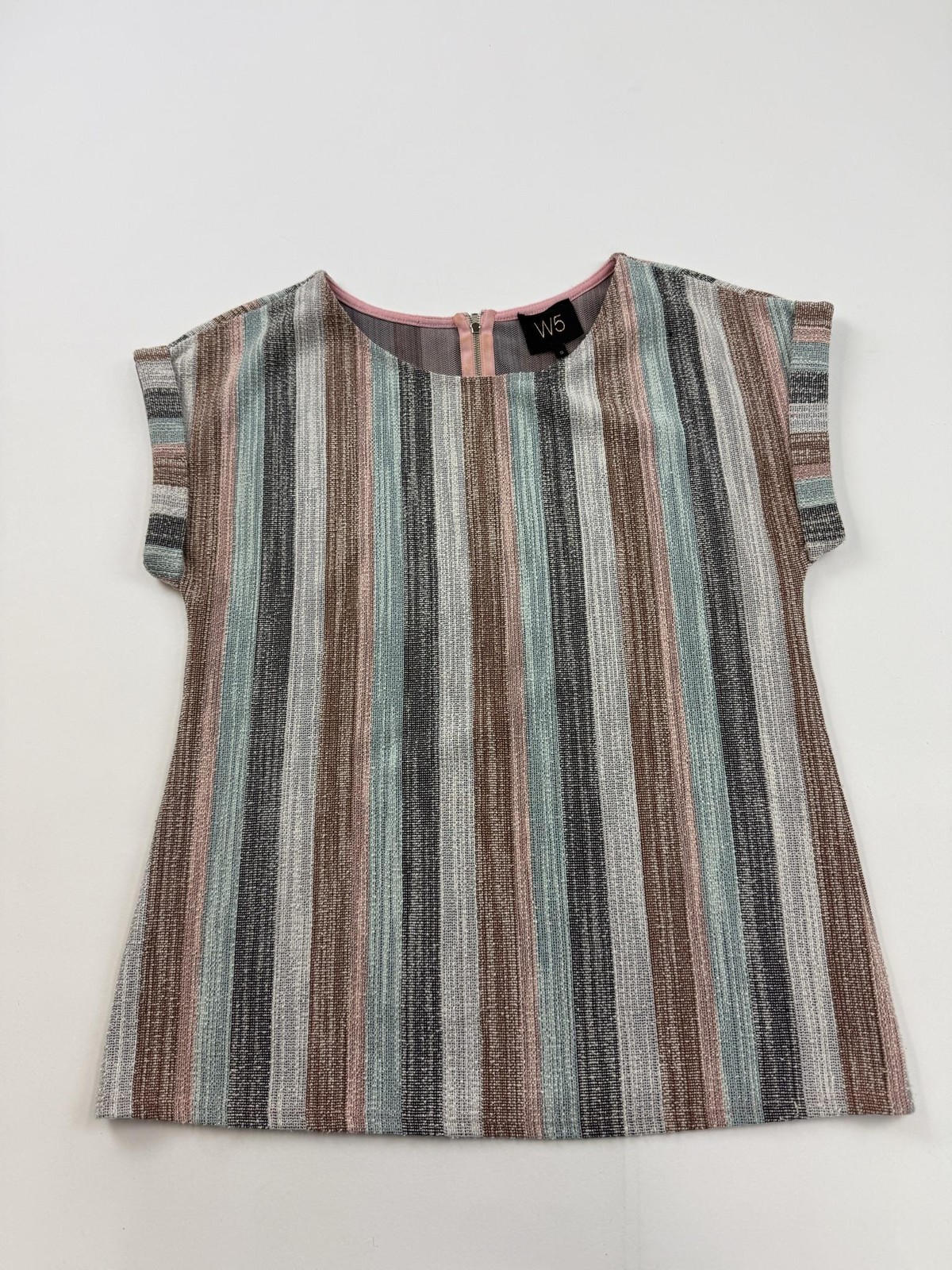 W5 Blouse Womens Small Multicolor Stripe Round Neck Cap Sleeve Zip Back Top