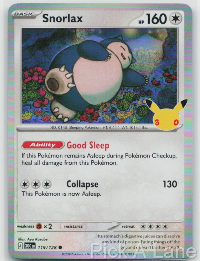 Snorlax 119/128 ME: 30th Celebration Pokemon Holo Near Mint Snorlax 119/128 ME: 30th Celebration Pokemon Holo Near Mint