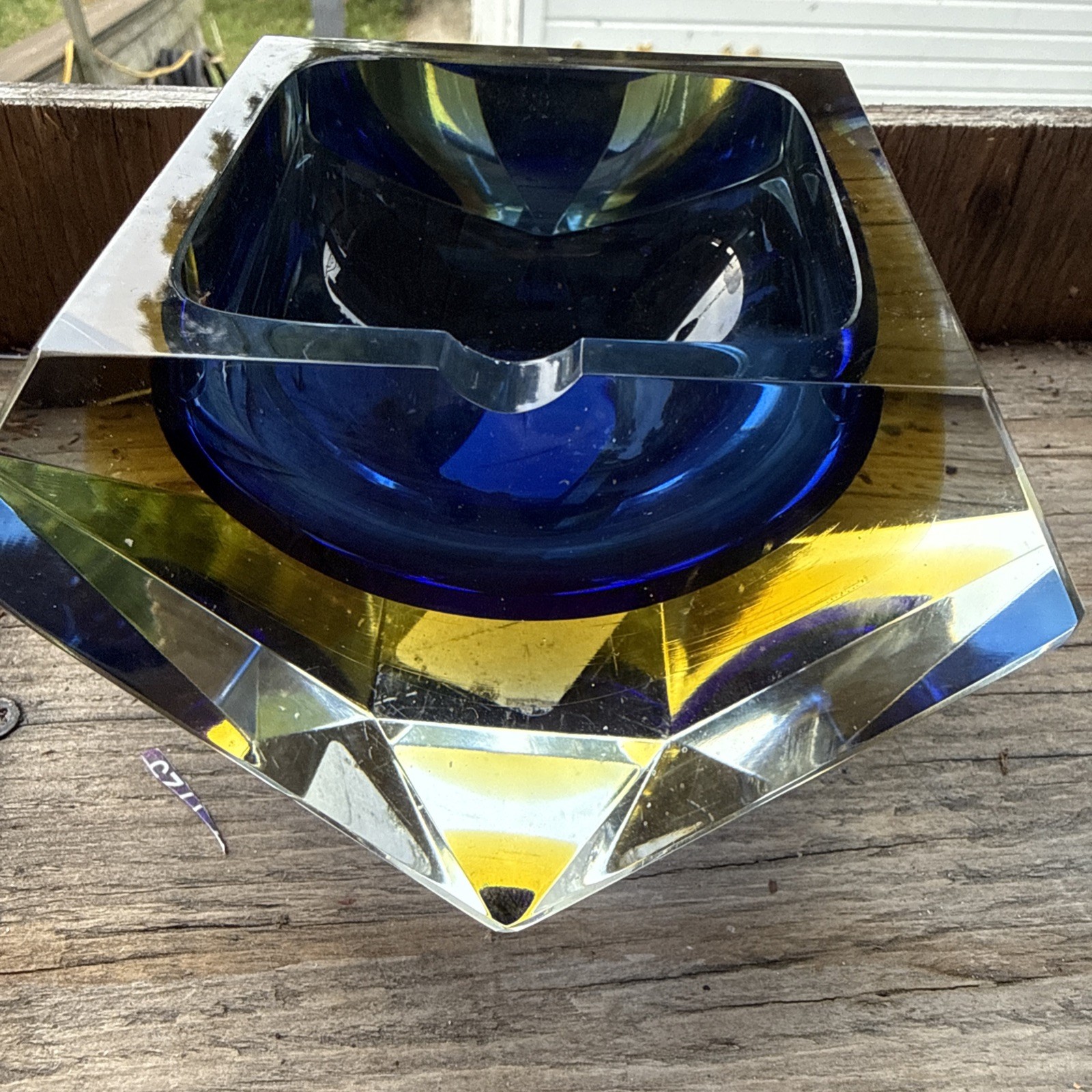 VTG Murano Glass Sommerso Ashtray Mandruzzato cobalt and yellow faceted VTG Murano Glass Sommerso Ashtray Mandruzzato cobalt and yellow faceted