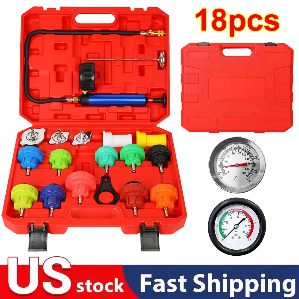18pcs Universal Radiator Pressure Tester Kit Coolant Vacuum Type Cooling System 18pcs Universal Radiator Pressure Tester Kit Coolant Vacuum Type Cooling System