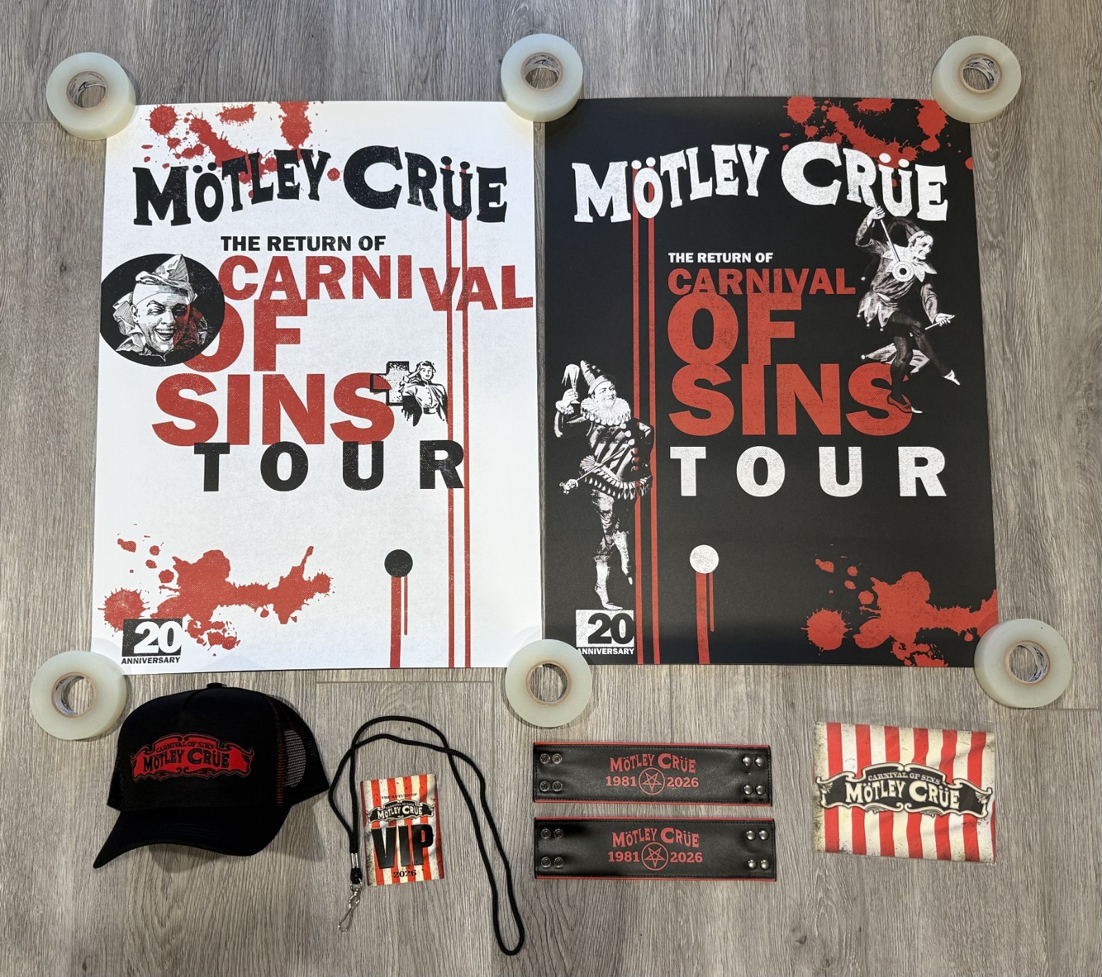 Motley Crue 2026 Return Of The Carnival Of Sins VIP Merch Bundle Hat, Posters Motley Crue 2026 Return Of The Carnival Of Sins VIP Merch Bundle Hat, Posters