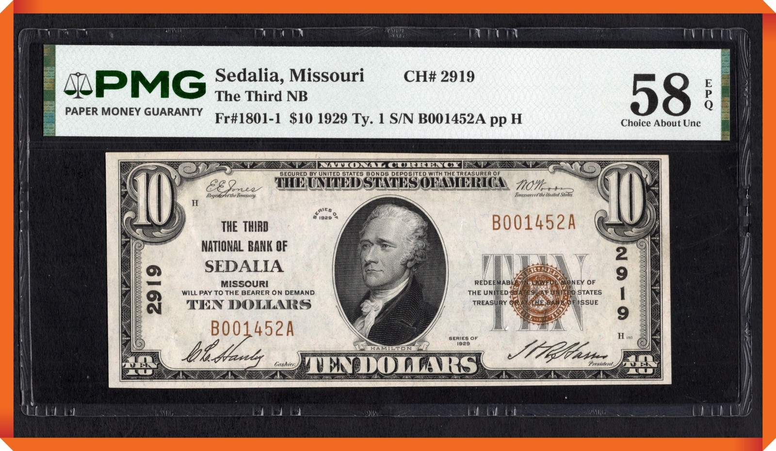 KC- Fr.1801-1 1929 $10 3rd NB of Sedala , MO Charter #2919 - AU 58 EPQ by PMG