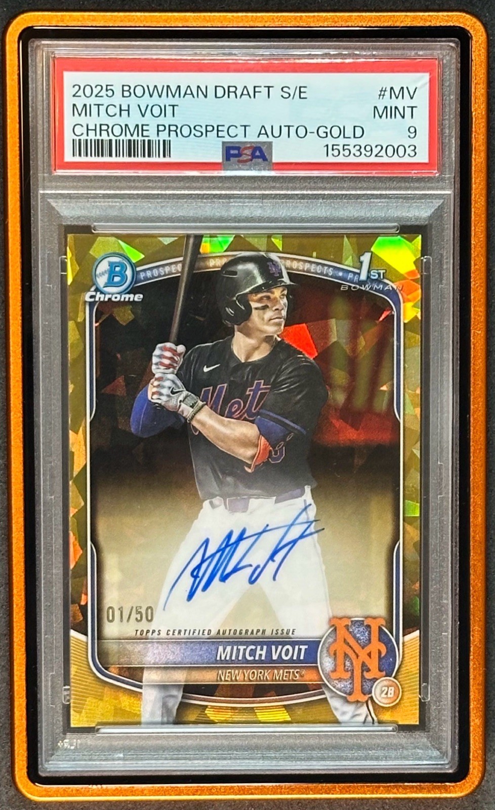 2025 Bowman Draft Mitch Voit Gold Sapphire /50 Auto 1st on Print (RC) Mets PSA 9 2025 Bowman Draft Mitch Voit Gold Sapphire /50 Auto 1st on Print (RC) Mets PSA 9