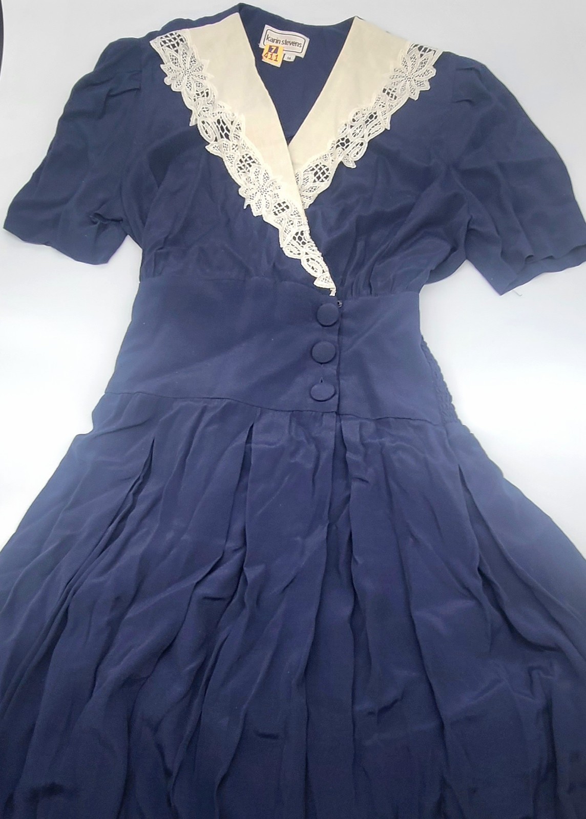 Vintage Karin Stevens Womens 14 Navy Rayon Midi Dress Lace Collar Cottagecore