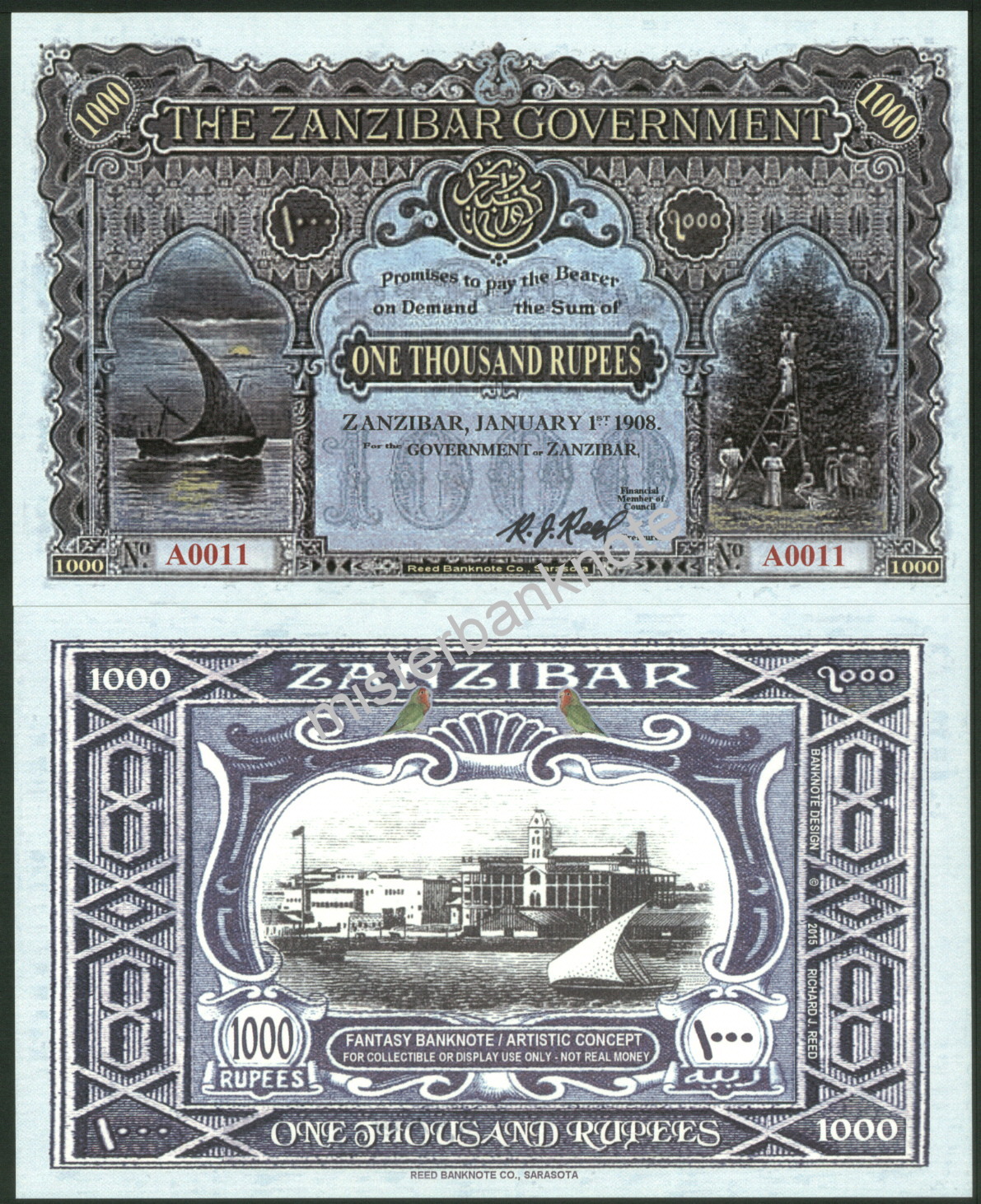 ZANZIBAR LIMITED EDITION 1000 RUPEES 2-SIDED REED FANTASY ART BANKNOTE DESIGN