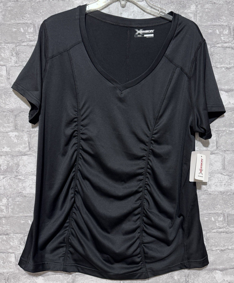 NWT Xersion Black Ruched V-Neck Performance Short Sleeve Top Size 1X