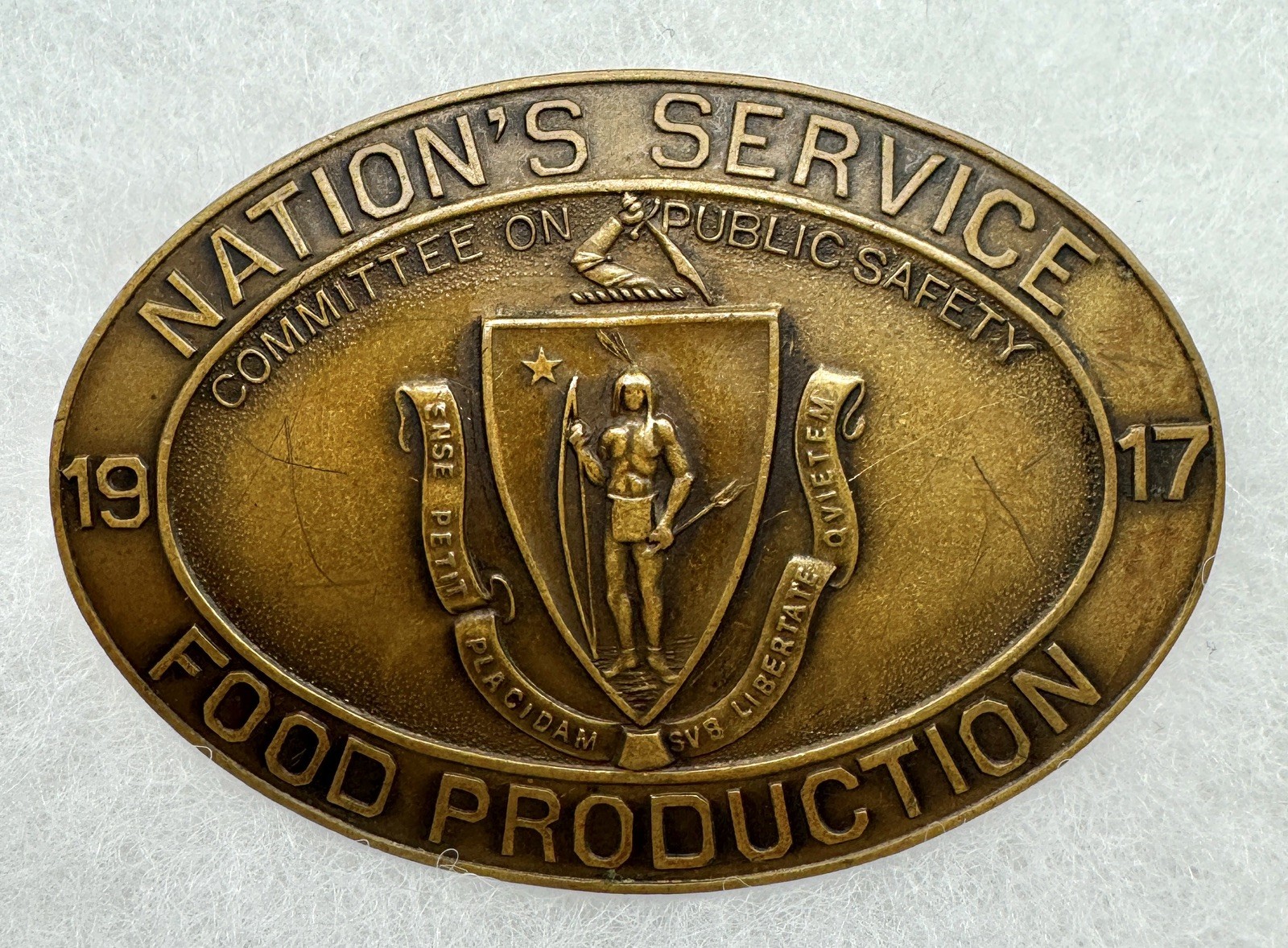WWI 1917 Nations Service Food Production Brass Badge #1022 Whitehead & Hoag