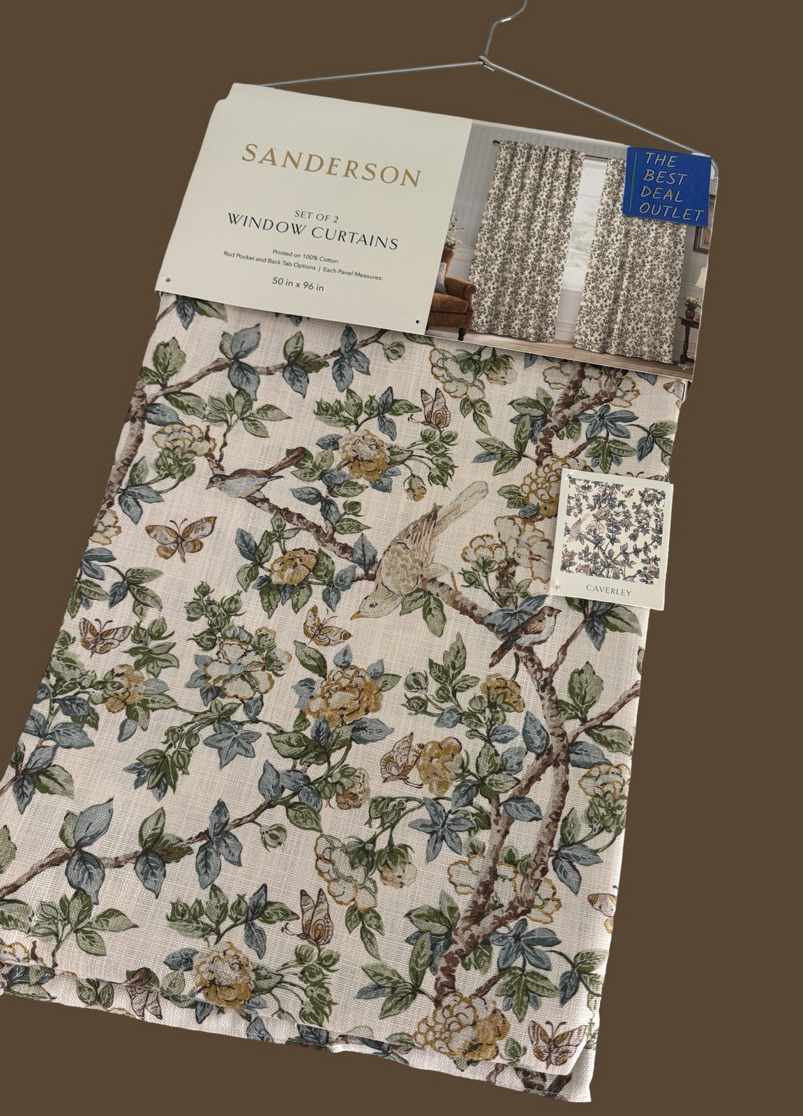 Sanderson Window Drapes 2 Panels 50 x 96 Cream Brown Birds Butterfly Back Tab