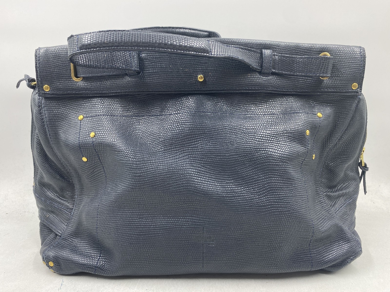 Jerome Dreyfuss Navy Lizard Embossed Leather Carlos Satchel Bag Gold Hardware