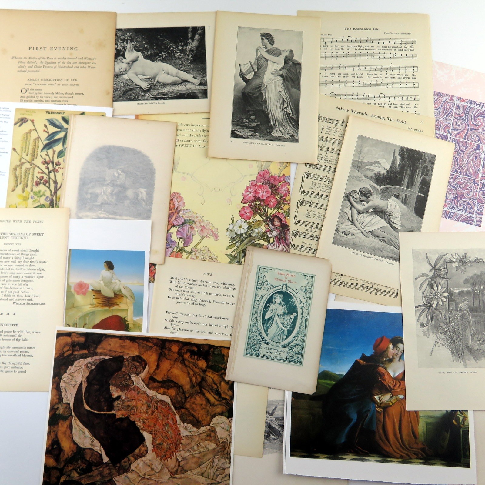 Vintage Love Theme Ephemera Pack 20-pc Victorian Whimsey Romance Poetry Music