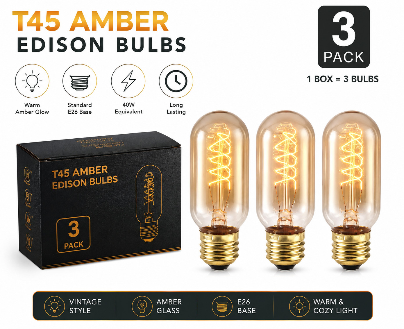 3 Pack T45 Vintage Edison Tungsten Filament Light Bulbs E26