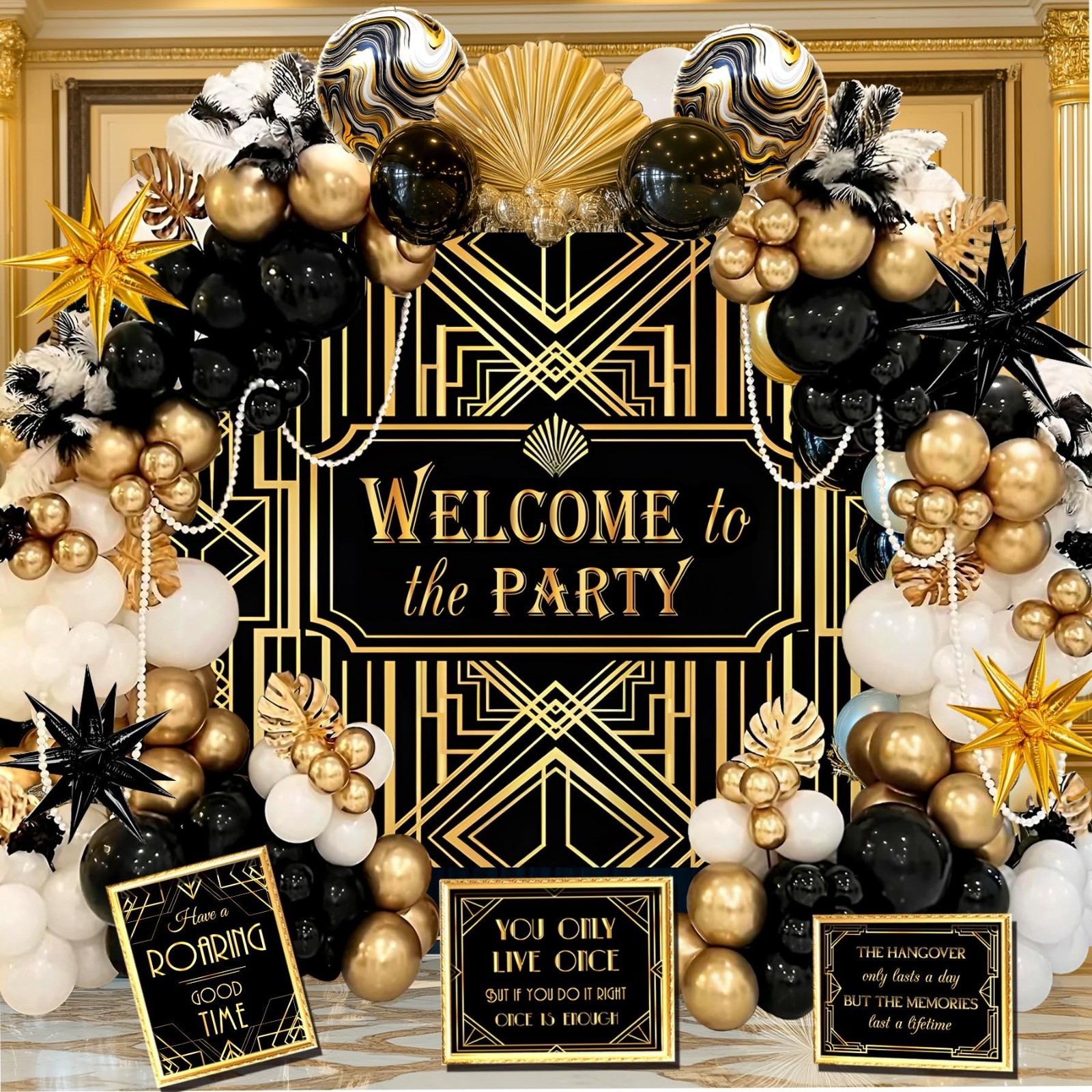 1920s Party Decorations - Roaring 20s Backdrop, Balloons Garland & Jazz Signs